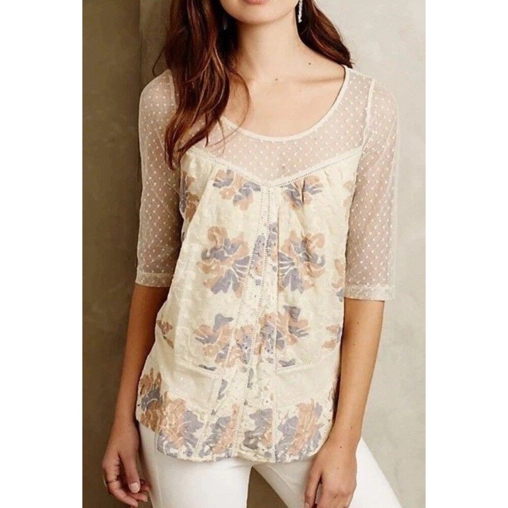 Anthropologie Blouse Sz S SmallIvory Anja Floral Blouse Boho Lace Crochet (V1